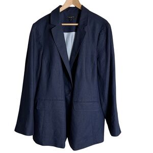 Talbots Women's 100% Linen Classic Blazer Navy Blue Lined Button Front Size 22 W